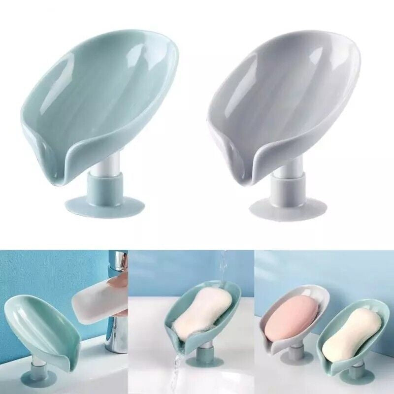 2Pcs Soap Dishes Holder Self Draining Leaf Shape Box Saver Suction Cup Bathroom