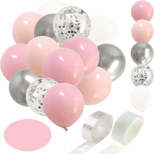 Pastel Pink Silver Balloon Garland -Blush Pink Metallic Chrome Silver Confetti Balloons Arch Kit for Girl Baby Shower Party Decorations Supplies