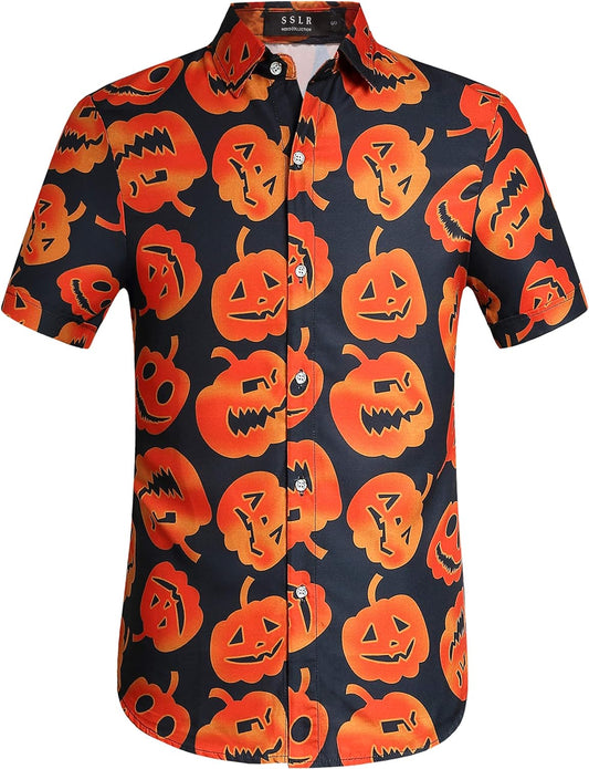 Mens Halloween Shirt, Short Sleeve Pumpkins Shirts Button down Light Weight Causal