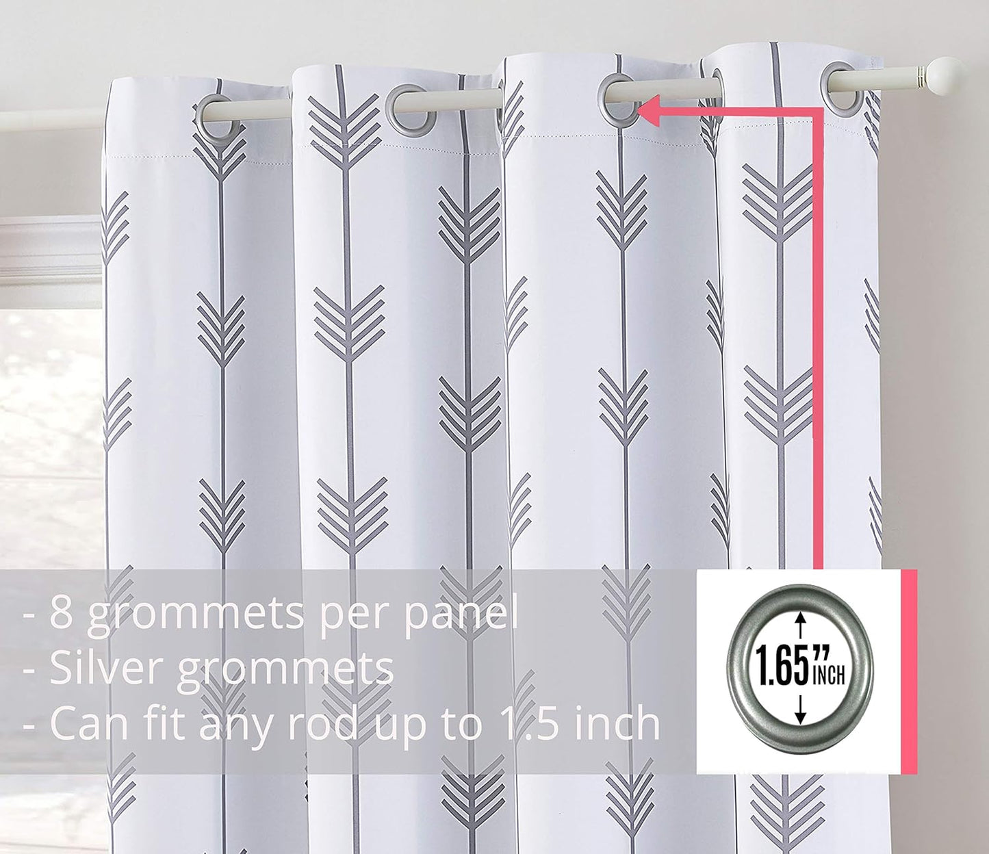 Arrow Printed Privacy Blackout Energy Efficient Room Darkening Thermal Grommet Window Curtain Drape Panels for Kids Bedroom - Set of 2 - Platinum White/Grey - 84" Inch Long
