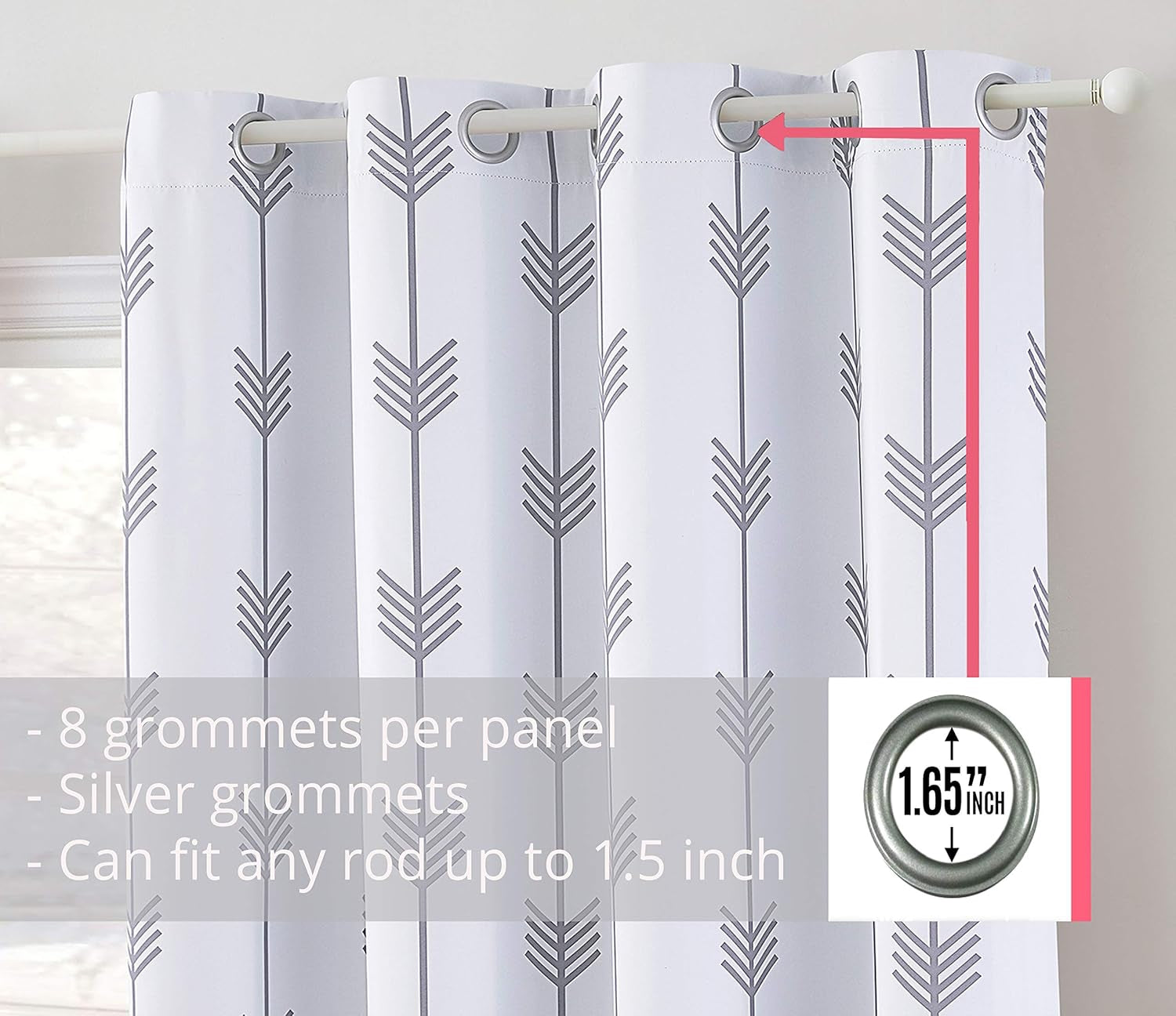 Arrow Printed Privacy Blackout Energy Efficient Room Darkening Thermal Grommet Window Curtain Drape Panels for Kids Bedroom - Set of 2 - Platinum White/Grey - 84" Inch Long