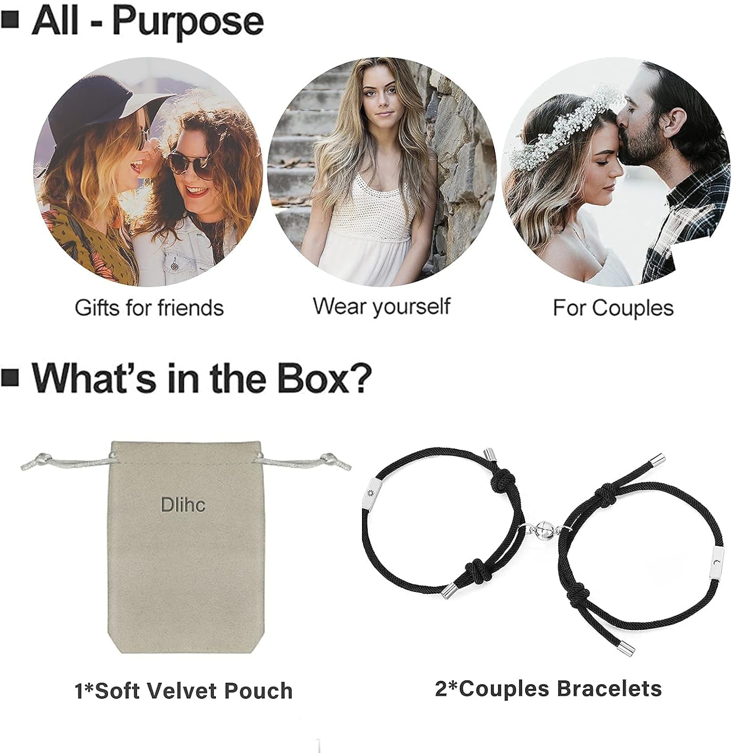 2Pcs Couples Bracelets for Women Men, Matching Heart Bracelets for Couples, Valentines Gift for Boyfriend Girlfriend Best Friend