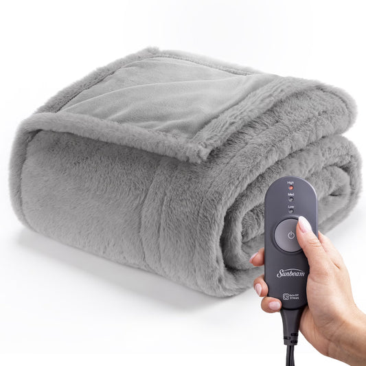Grey Faux Fur Heated Electric Throw Blanket