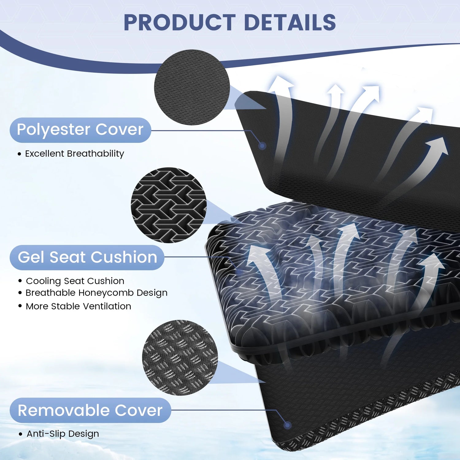 Gel Seat Cushion for Long Sitting, Office Chair, Car, Wheelchair, Black