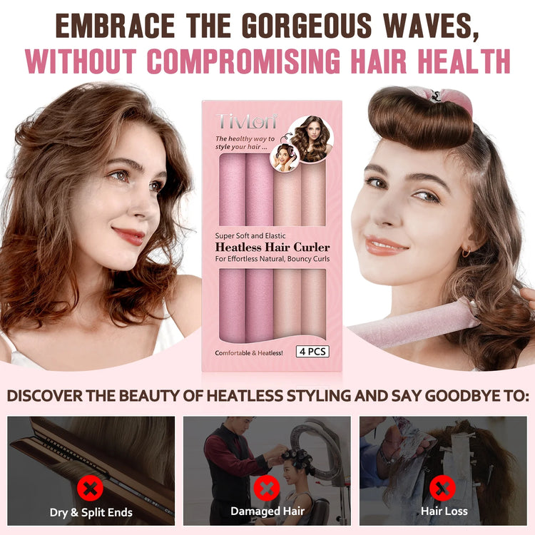Velvet Fabric Heatless Curling Set-Flexi Rods with Hook-Heatless Curling Rod Headband for All Hair Types- Comfortable & Heatless