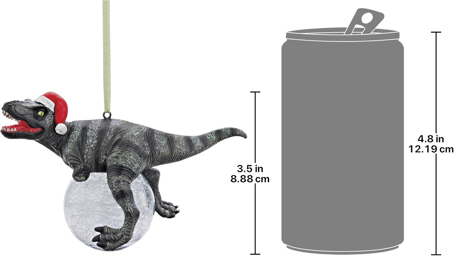 Blitzer the T Rex Dinosaur Christmas Tree Ornament, 5 Inch Long, Cast Stone Resin with Glass Ball, Green Glitter Finish