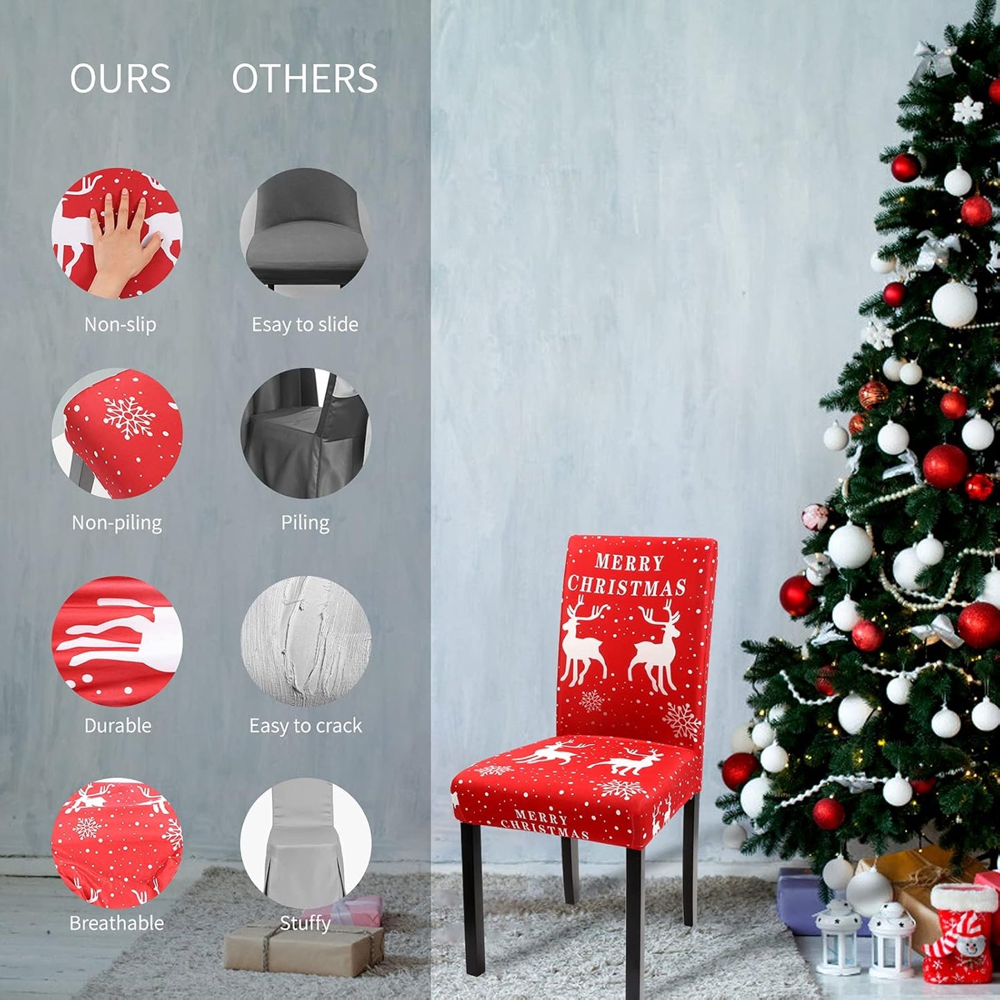 Christmas Chair Covers Set of 4, Xmas Dining Chair Back Covers,Removable and Washable,Red Christmas Dining Chair Covers Set,Christmas Kitchen Decor/Restaurant Party Home Decor