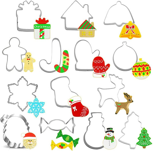 5/8/10/14 PCS Christmas Xmas Cookie Cutter Set Stainless Steel Cookie Cutters Mold for Making Christmas Tree, Snowflake, Reindeer, Santa Face, Angel, Sock and More (14 Pcs/Set)
