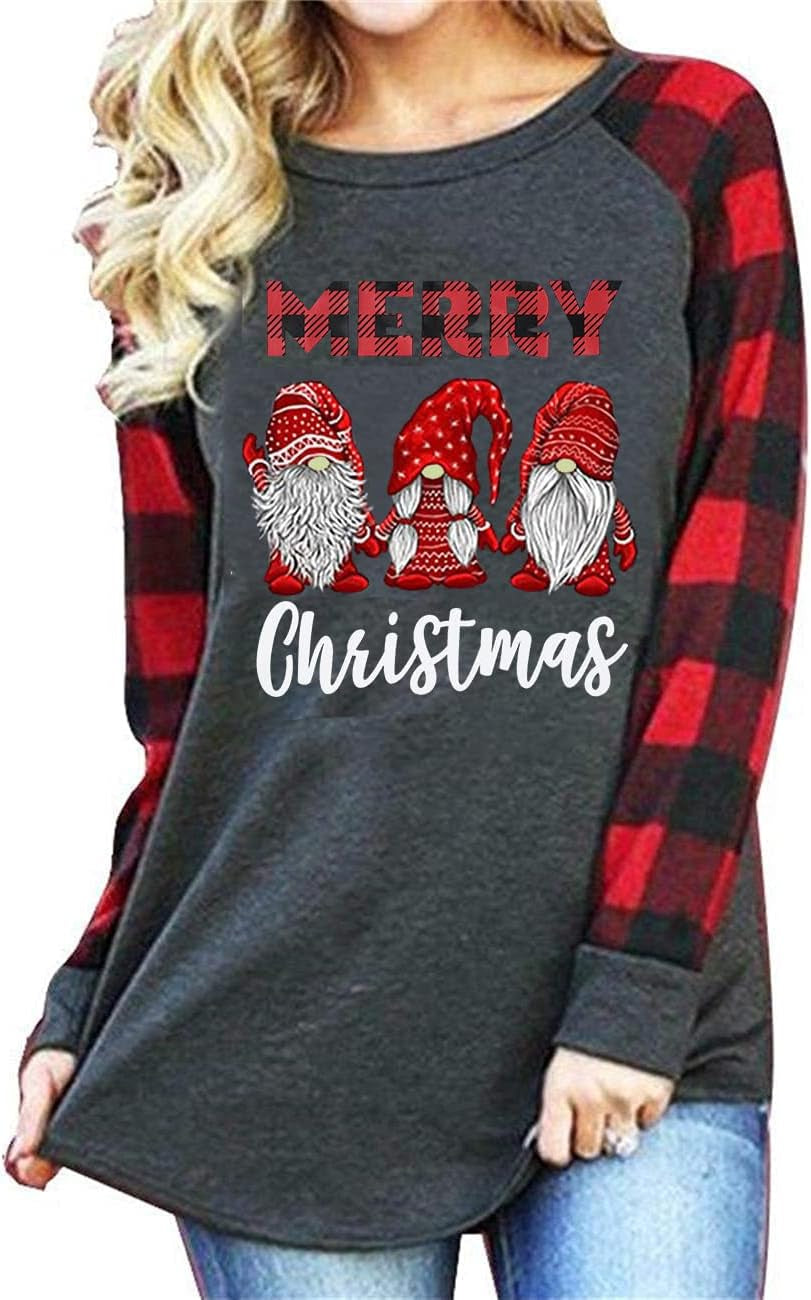 Merry Christmas Shirts for Women Gnomes T-Shirt Lights Plaid Splicing Raglan Long Sleeve Tee Xmas Holiday Pullover Top