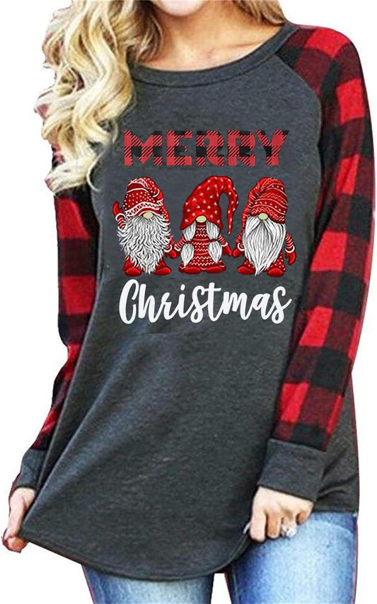 Merry Christmas Shirts for Women Gnomes T-Shirt Lights Plaid Splicing Raglan Long Sleeve Tee Xmas Holiday Pullover Top