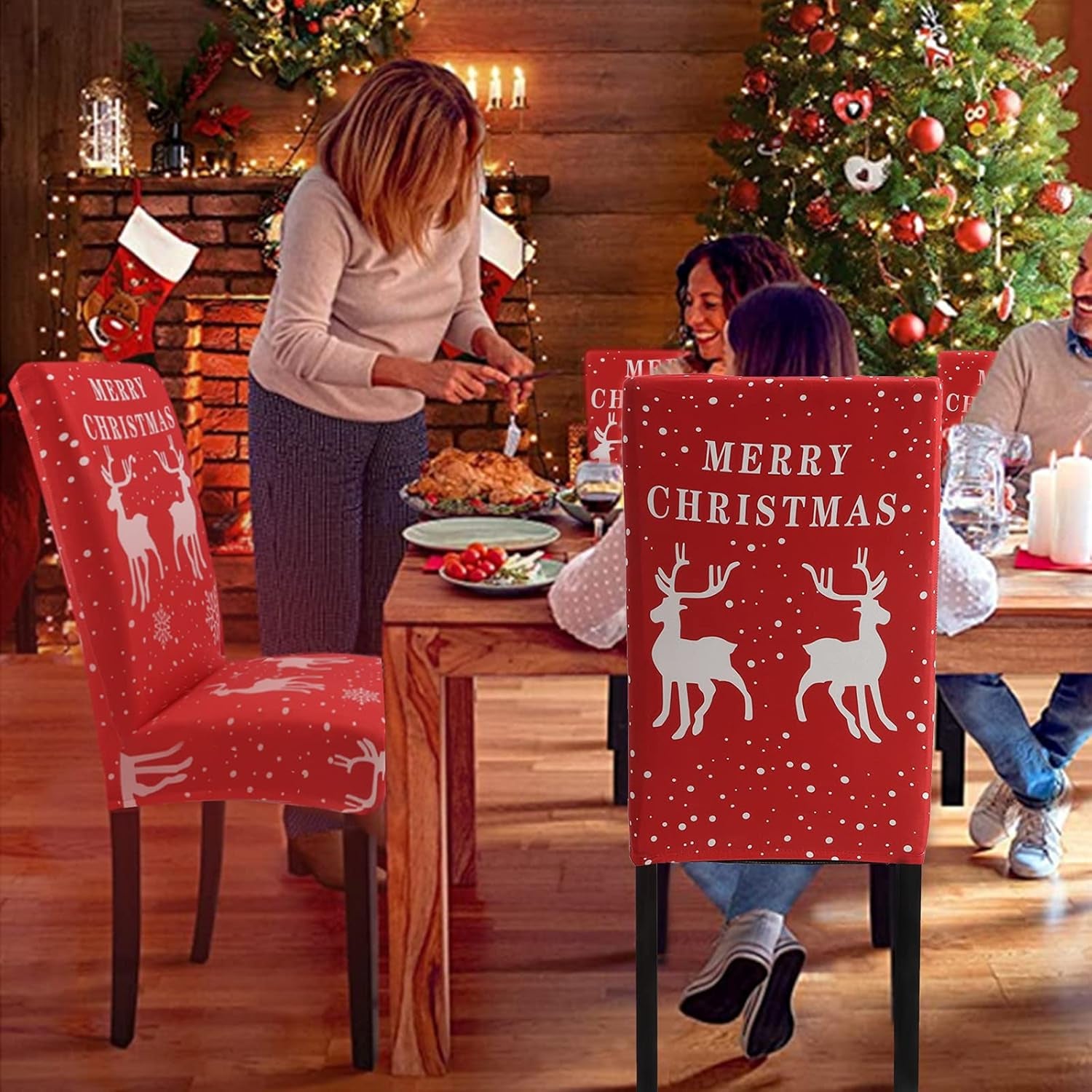 Christmas Chair Covers Set of 4, Xmas Dining Chair Back Covers,Removable and Washable,Red Christmas Dining Chair Covers Set,Christmas Kitchen Decor/Restaurant Party Home Decor