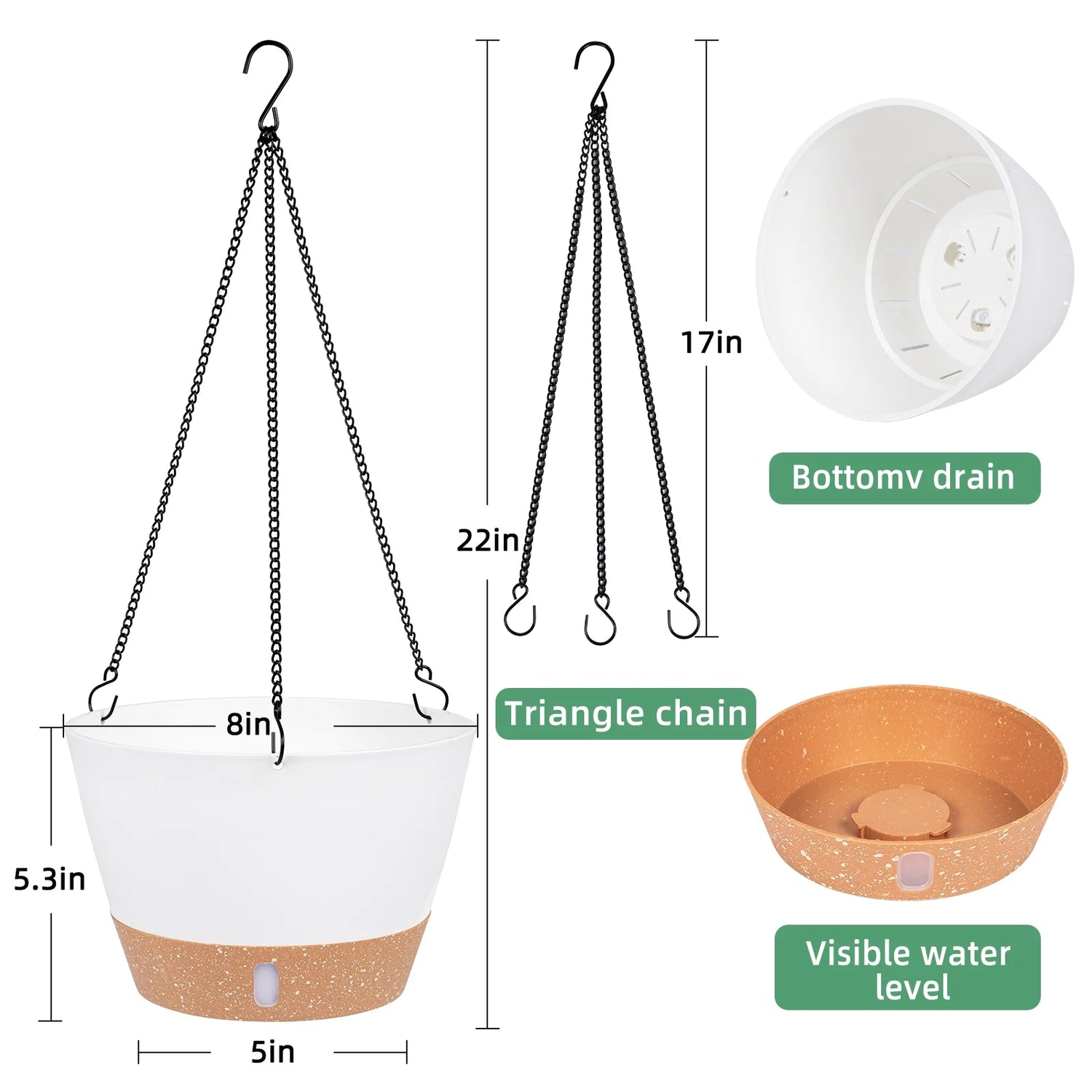 2 Pack 8 Inch Plastic White Hanging Planters with 3 Hooks, Hanging Plant Pot Basket with Drainage Hole for Garden Home