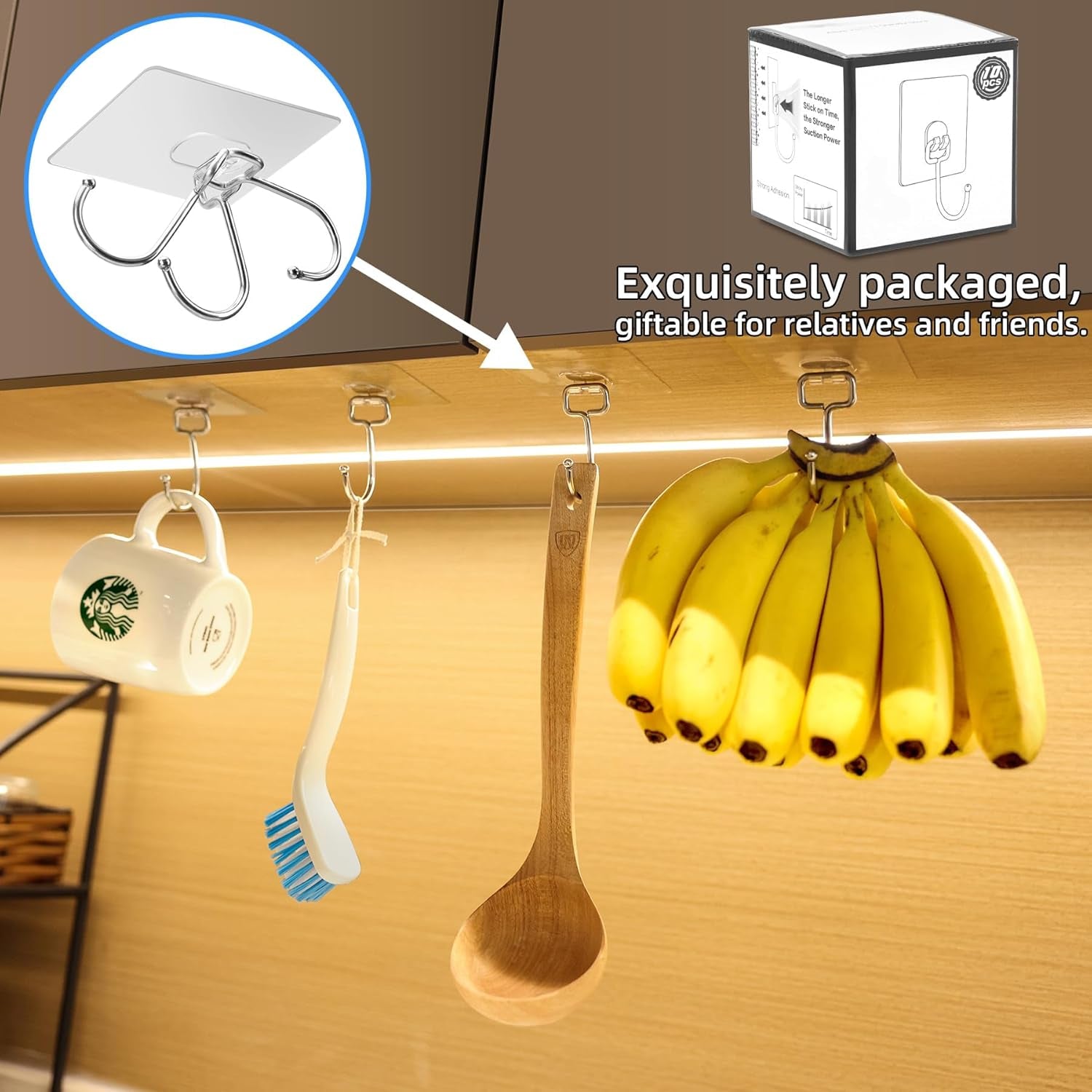 10-Pack All-Purpose Large Adhesive Hooks for Hanging,Banana Hook,Heavy Duty Adhesive Hooks 37 Lb(Max),Sticky Wall Hook Fit Home,Bathroom,Kitchen,Office and Outdoor