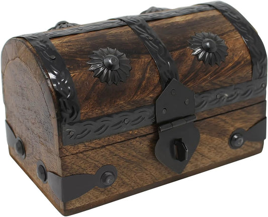 Treasure Chest Keepsake and Decorative Wood Box (Small 5X3X3.25) - Storage Box, Wooden Box with Hinged Lid, Rustic Storage, Pirate Storage Box, Vintage Wooden Chest