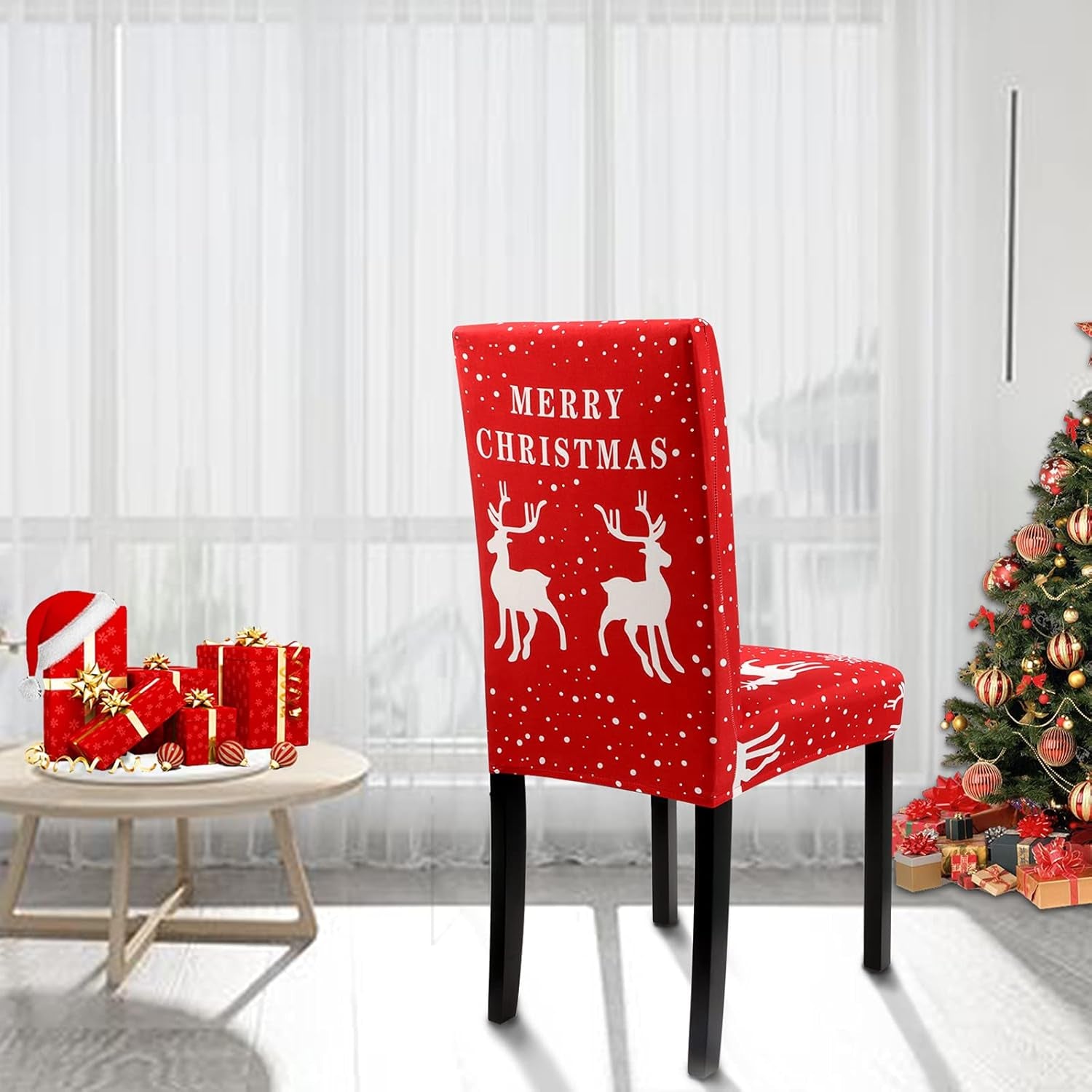 Christmas Chair Covers Set of 4, Xmas Dining Chair Back Covers,Removable and Washable,Red Christmas Dining Chair Covers Set,Christmas Kitchen Decor/Restaurant Party Home Decor