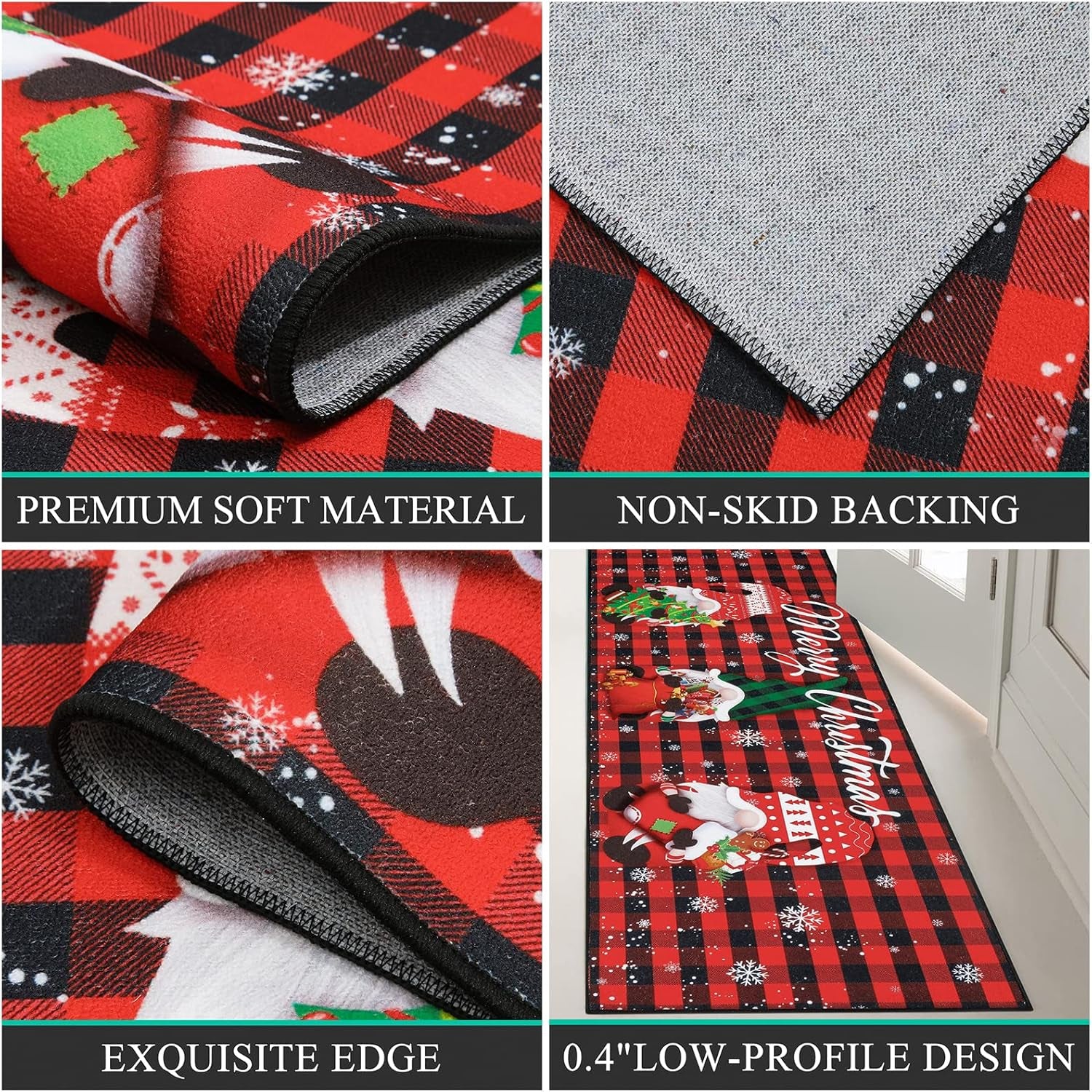 Christmas Gnome Hallway Runner Rug 2X6 Non Slip Washable Kitchen Area Rug Farmhouse Red Buffalo Plaid Door Mat Entryway Rug Carpet Runner for Laundry Room Bedroom Christmas Decorations