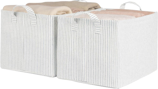 Storage Bins, Fabric Storage Bins for Shelves, Large Storage Baskets with Metal Frame, Closet Baskets and Bins with Handles, Gray and White Stripes, 2-Pack