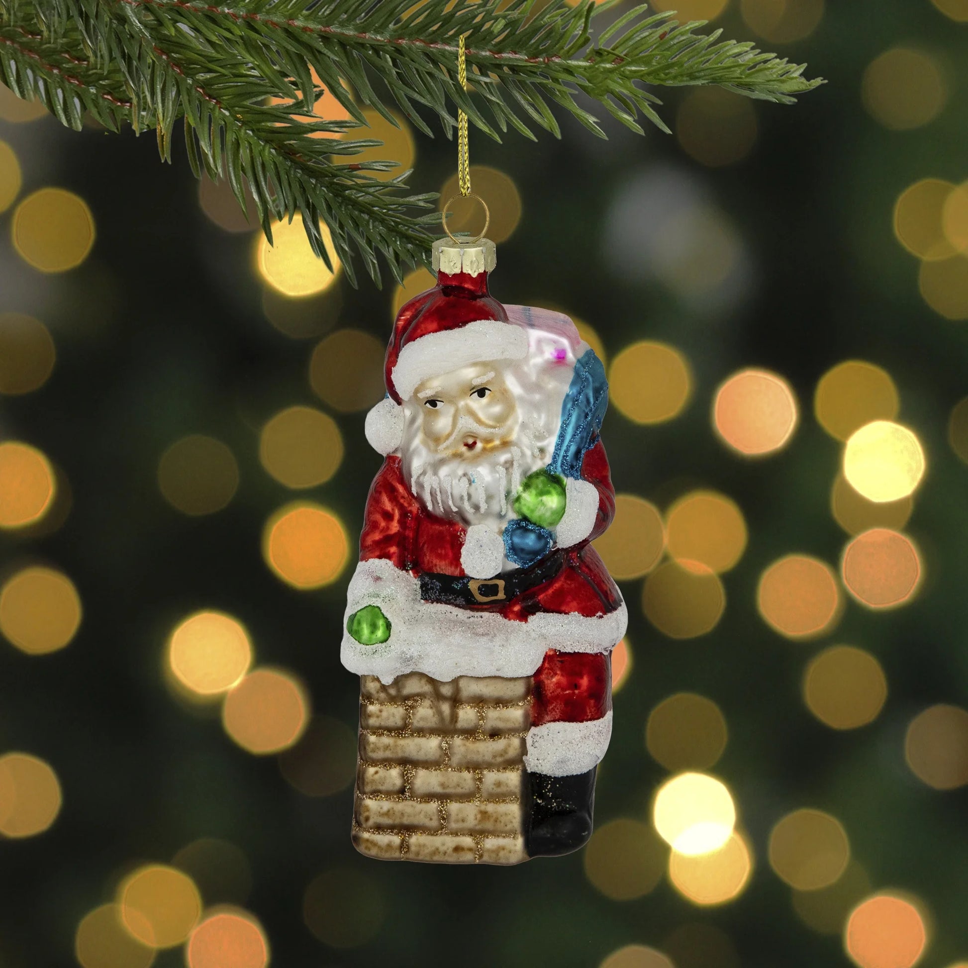 Santa down the Chimney Hanging Glass Christmas Hanging Ornament - 4.75" - Red
