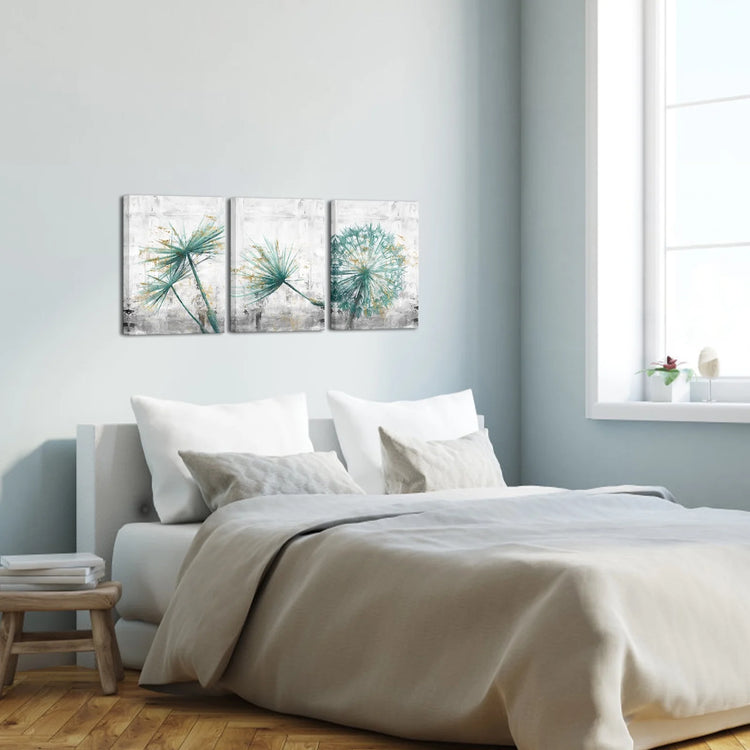 3 Pieces 12X16 Inch Framed Canvas Wall Art Clearance Kit Teal Dandelion on Rustic Grey Print 3 Picture Picture Canvas Poster Home Artwork Painting Decoration for Living Room Bedroom