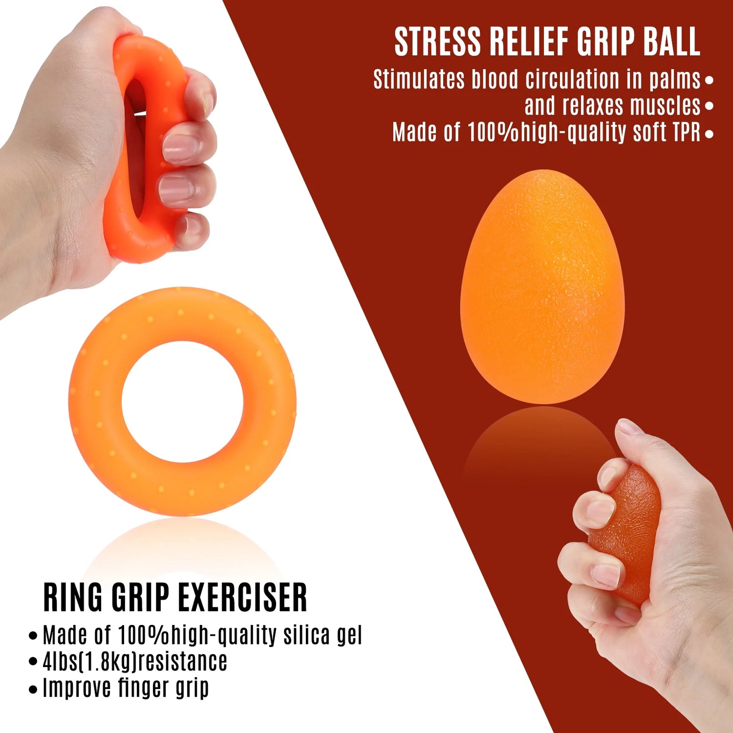 6Pcs Hand Grip Strengthener Kit, Hand Strength Exerciser, Adjustable Resistance 22 to 132Lbs Hand Gripper,Finger Exerciser,Finger Stretcher,Grip Ring & Stress Relief Grip Ball（Orange）