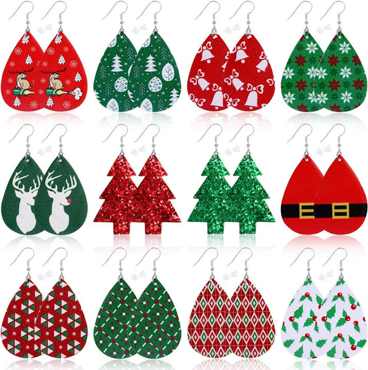 12 Pairs Christmas Faux Leather Earrings for Women Lightweight Leaf Long Dangle Earrings Teardrop Earrings