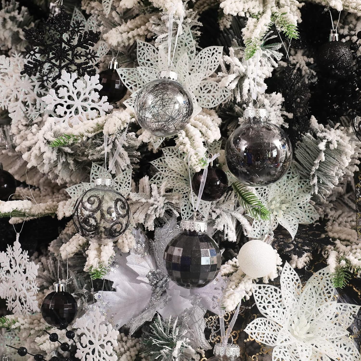 Christmas Ball Ornaments Shatterproof Clear Large Plastic Hanging Ball Decorative Baubles Set with Stuffed Delicate Decorations (70Mm/2.76", Black)