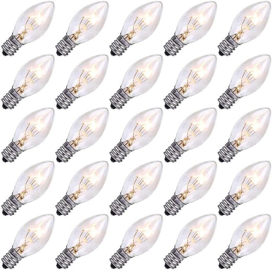 25 Pack C7 Clear Replacement Bulbs Christmas Light Bulbs, Outdoor Patio String Light Bulbs, C7 Night Light Replacement Bulbs, E12/C7 Candelabra Base, 5 Watt- Clear