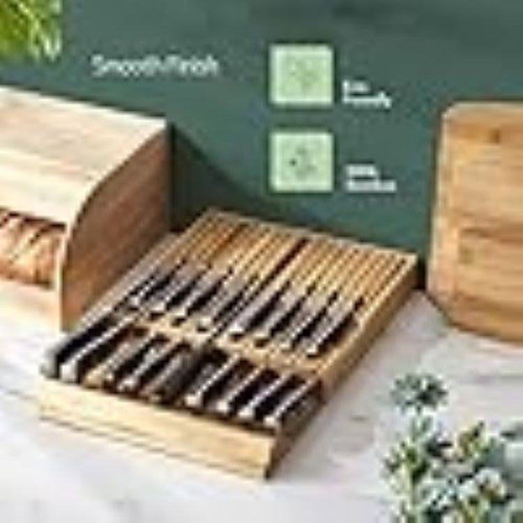 Bamboo Knife Drawer Organizer 16-Slot + Sharpener Slot | Eco-Friendly Holder