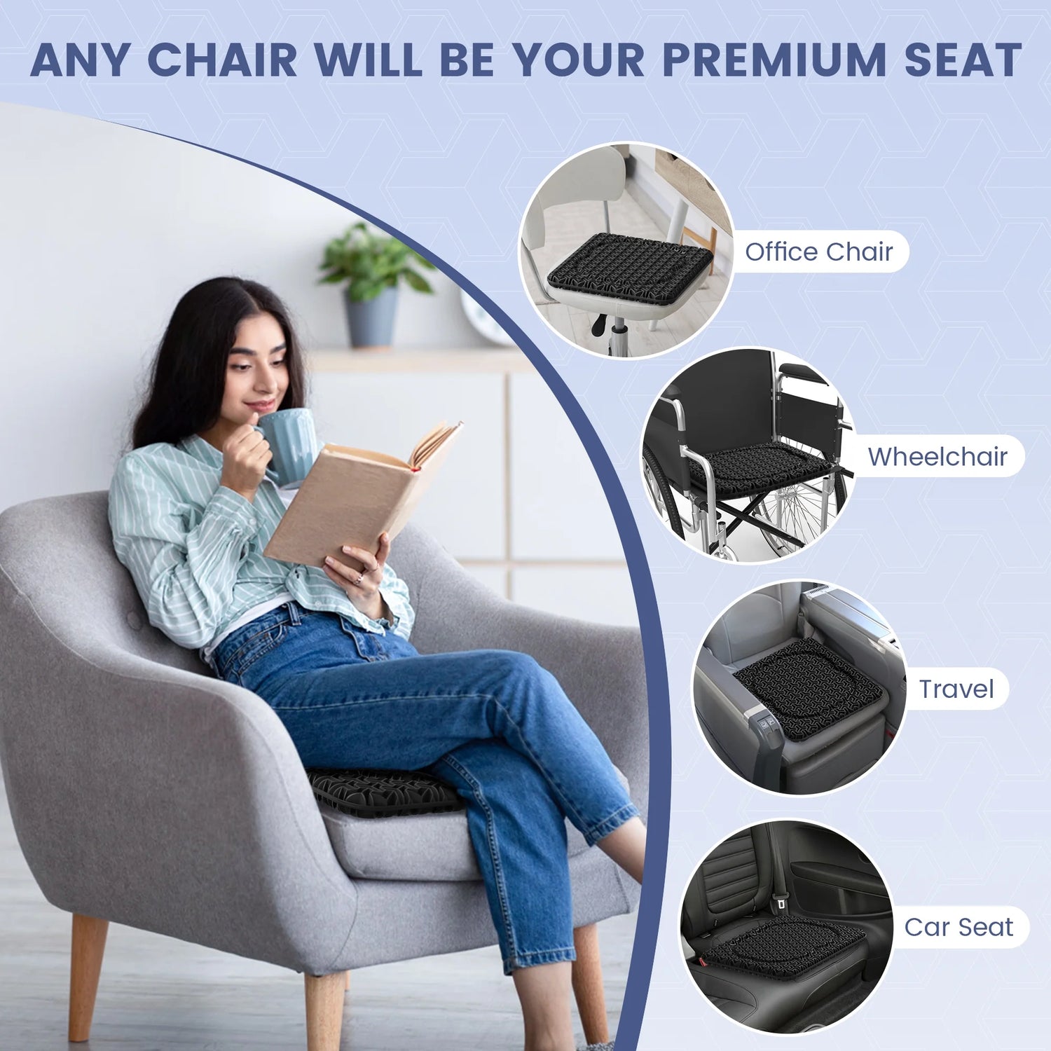 Gel Seat Cushion for Long Sitting, Office Chair, Car, Wheelchair, Black