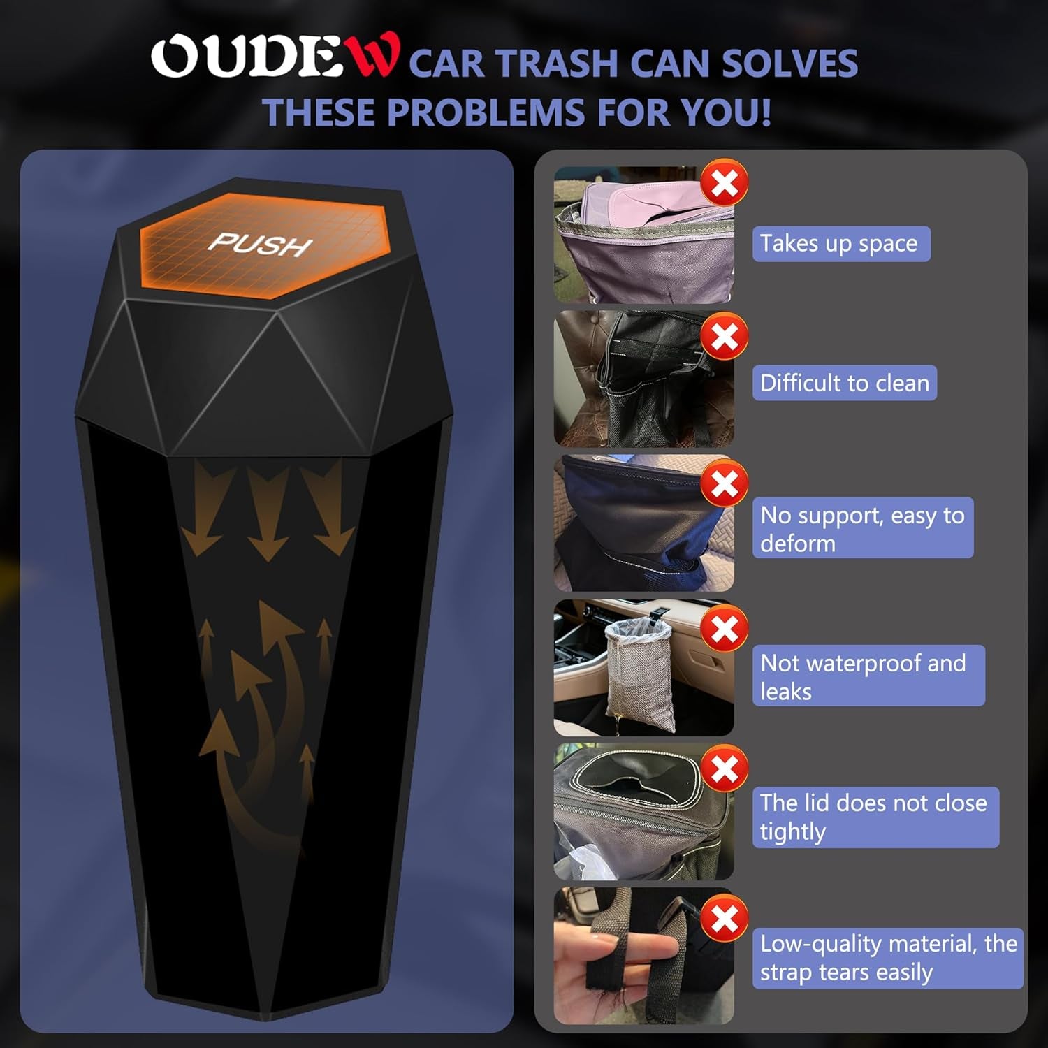 Car Trash Can with Lid - 1-Pack, Interior Accessories for Vehicles, Leakproof Garbage Can with 30 Detachable Trash Bags, Multipurpose Organizers and Storage Solutions for Home and Office