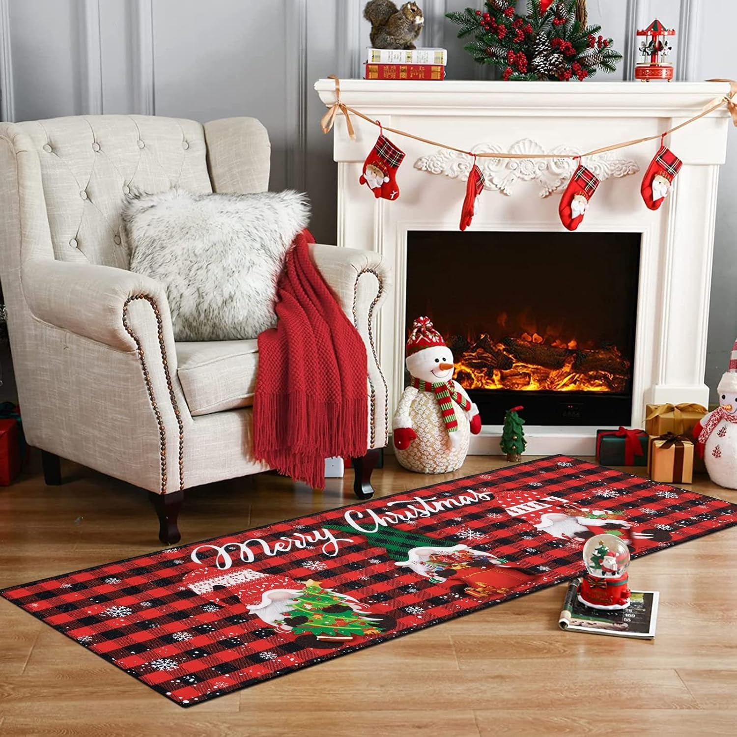 Christmas Gnome Hallway Runner Rug 2X6 Non Slip Washable Kitchen Area Rug Farmhouse Red Buffalo Plaid Door Mat Entryway Rug Carpet Runner for Laundry Room Bedroom Christmas Decorations