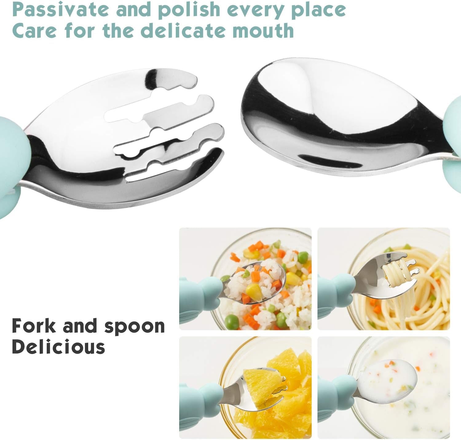 Silicone Suction Plate for Toddlers with Fork Spoon Set - Self Feeding Training Divided Plate Dish and Bowl for Baby and Toddler, Fits for Most Highchairs Trays (Cyan)