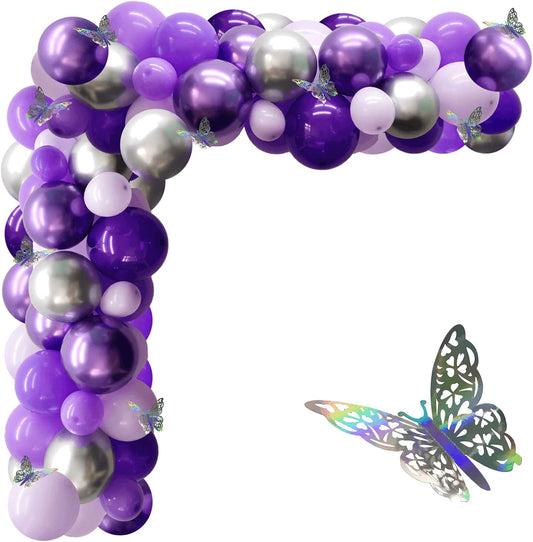 132Pcs Purple and Silver Balloon Garland Kit with Butterfly - Metallic Balloons for Baby Shower, Wedding, Birthday
