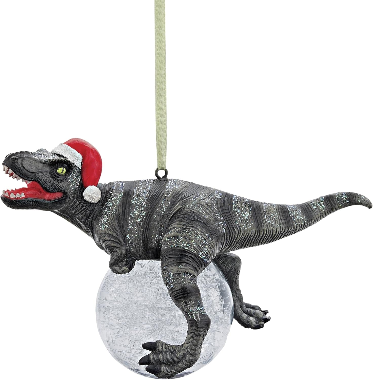 Blitzer the T Rex Dinosaur Christmas Tree Ornament, 5 Inch Long, Cast Stone Resin with Glass Ball, Green Glitter Finish