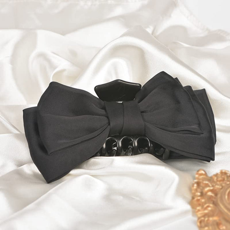 Large Satin Bow Claw Clips Black for Women - Big Clips for Thick Long Hair, Bowknot Accessories, Non-Slip Jaw Clamps for Girls Styling