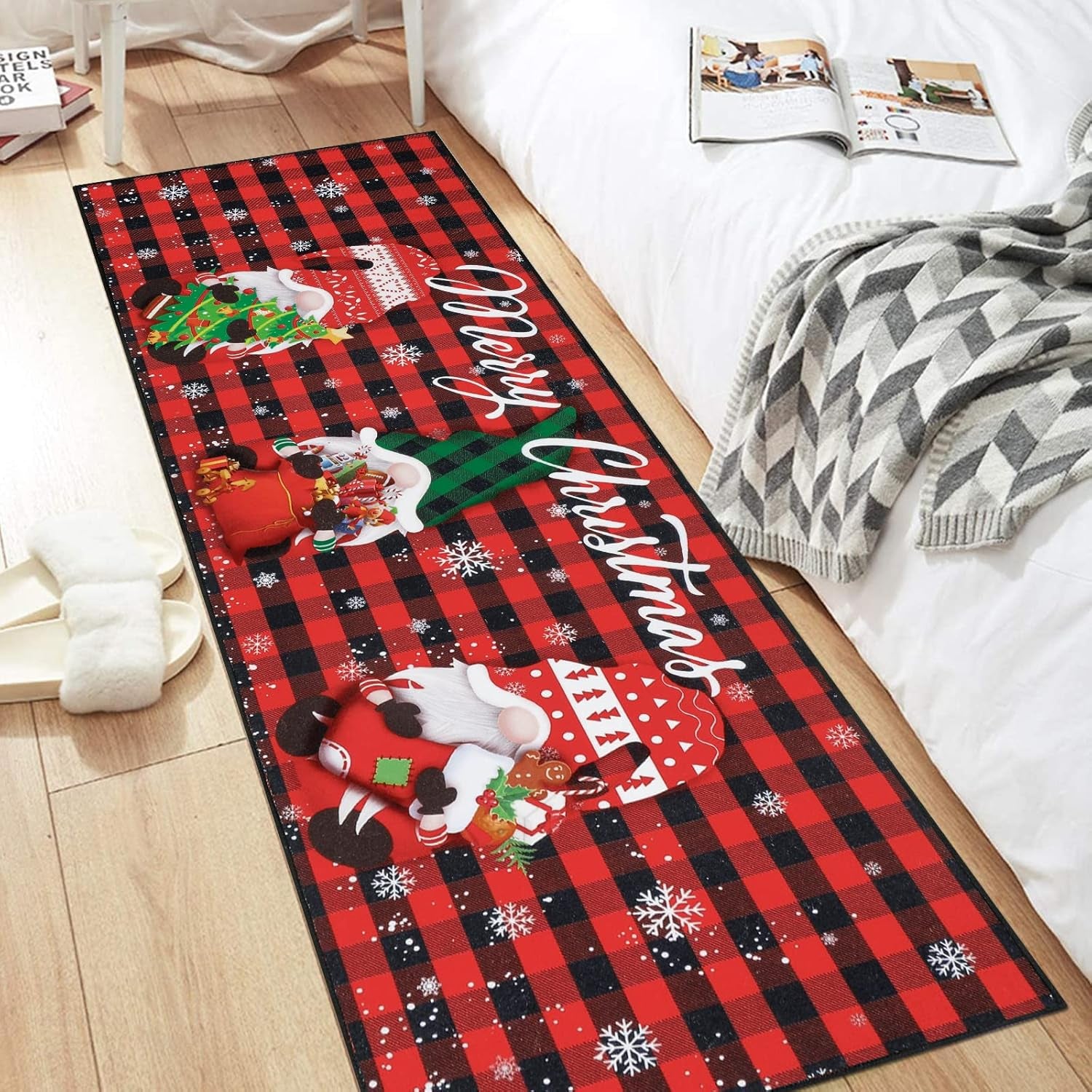 Christmas Gnome Hallway Runner Rug 2X6 Non Slip Washable Kitchen Area Rug Farmhouse Red Buffalo Plaid Door Mat Entryway Rug Carpet Runner for Laundry Room Bedroom Christmas Decorations