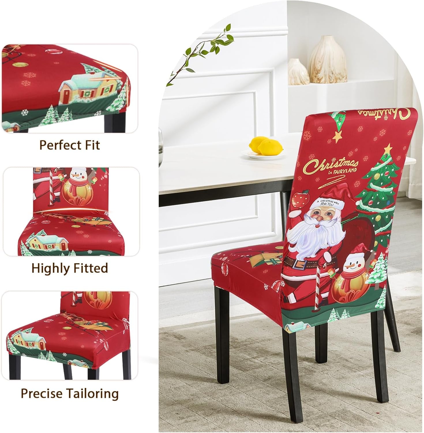Christmas Dining Chair Covers Set of 6,Stretch Printed Kitchen Chair Cover Washable Spandex Xmas Parsons Chair Protector Slipcovers for Christmas Decoration,Holiday Party(Santa Claus)