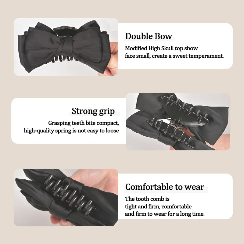 Large Satin Bow Claw Clips Black for Women - Big Clips for Thick Long Hair, Bowknot Accessories, Non-Slip Jaw Clamps for Girls Styling
