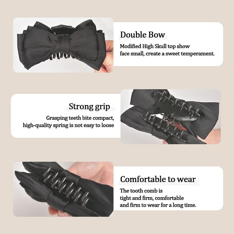 Large Satin Bow Claw Clips Black for Women - Big Clips for Thick Long Hair, Bowknot Accessories, Non-Slip Jaw Clamps for Girls Styling