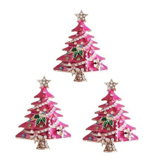 Pink Christmas Tree Rhinestone Brooch, Vintage Colored Christmas Tree 3Pcs Pink