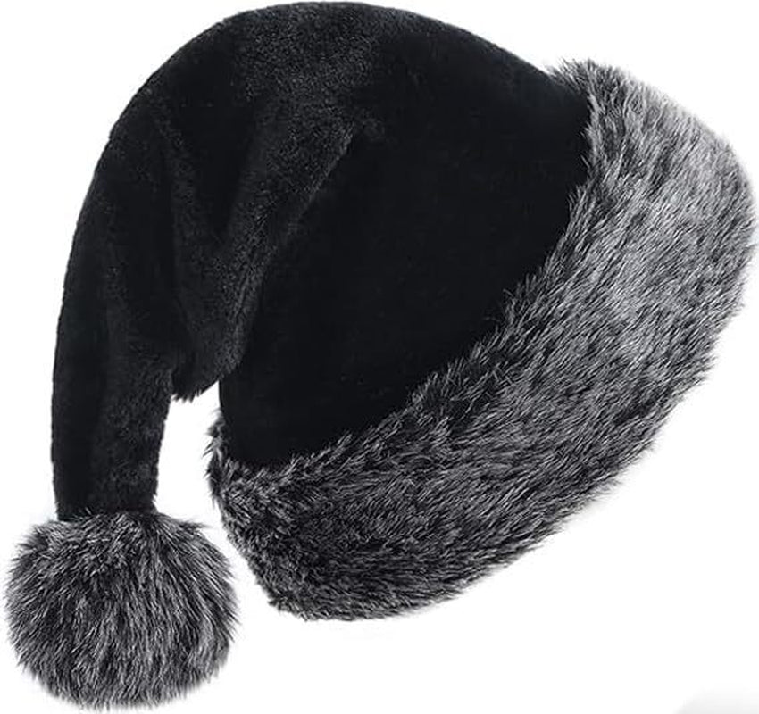 Black Christmas Hats for Adults Plush Black Santa Hat Xmas Fluffy Santa Claus...