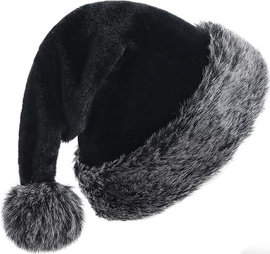 Black Christmas Hats for Adults Plush Black Santa Hat Xmas Fluffy Santa Claus...