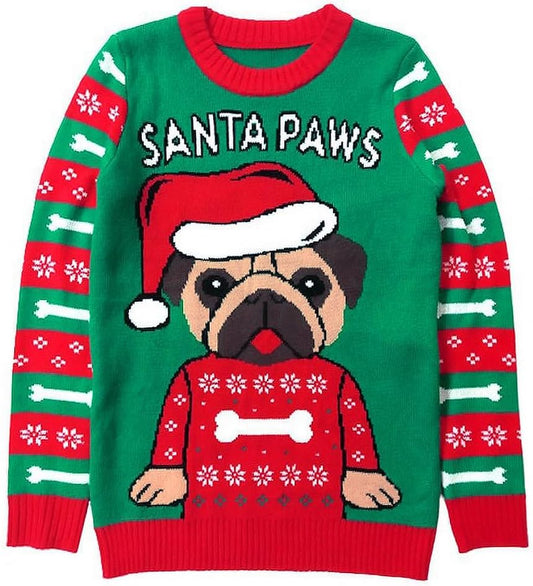 Pug Christmas Sweater for Men Women Adult Unisex Santa Paws Ugly Xmas Holiday Tacky Sweater