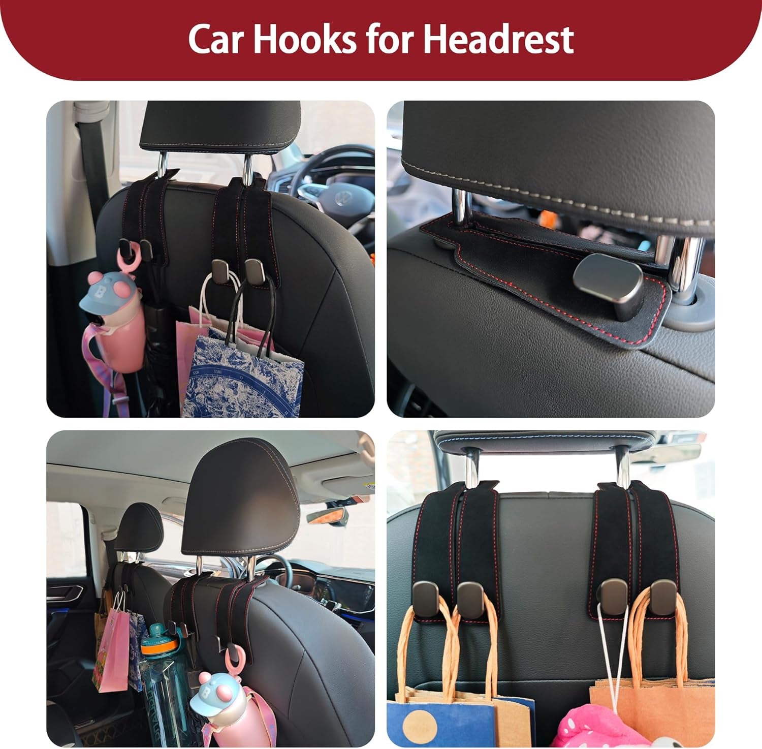 2 in 1 Car Seat Back Storage Hook and Headrest Hooks for Car,2Pcs Purse Hook for Car,Bendable Universal Double Hooks with Phone Holder,Car Hooks for Purses and Bags and Shopping Bags(Black)
