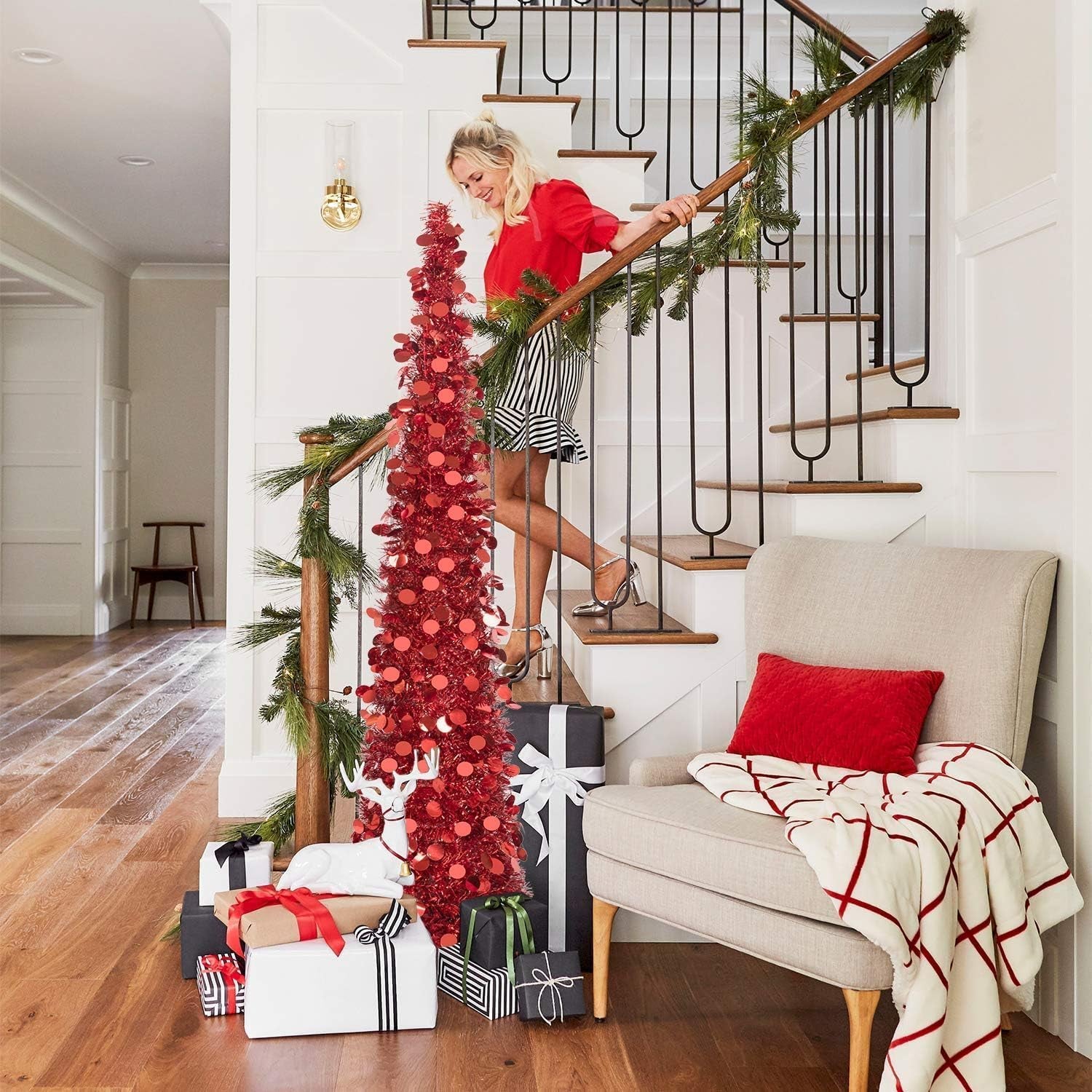 Pop up Christmas Tree with Lights & 30 Balls, 5Ft Collapsible Red Tinsel Christmas Tree Decoration for Holiday Xmas Home Office Decor