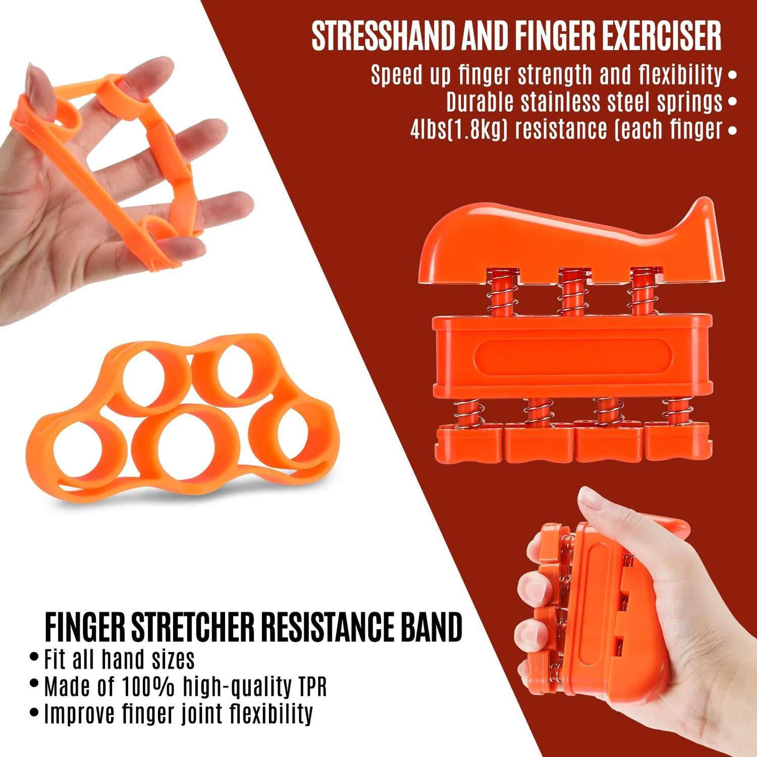 6Pcs Hand Grip Strengthener Kit, Hand Strength Exerciser, Adjustable Resistance 22 to 132Lbs Hand Gripper,Finger Exerciser,Finger Stretcher,Grip Ring & Stress Relief Grip Ball（Orange）