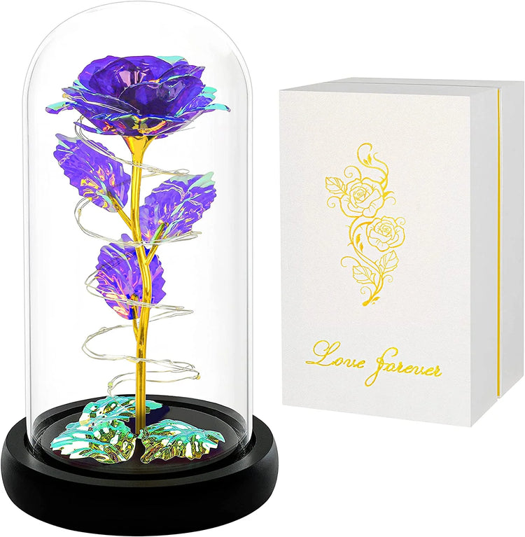 Purple Colorful Artificial Flower Rose Gift, Light up Rose Flowers Gift, Rose Flower in Glass Dome, Women Gifts Idea for Thanksgiving,Birthday, Anniversary on Any Occasion