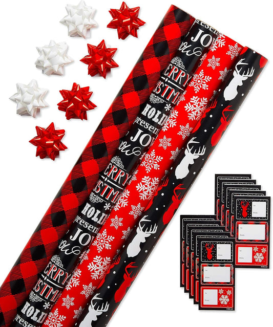 Buffalo Plaid Christmas Wrapping Paper Set, Red and Black Holiday Gift Wrap (120 Sq. Ft., 4 Rolls-30 In. X 12 Ft., 7 Adhesive Bows, 30 Gift Tag Stickers) Snowflakes and Reindeer