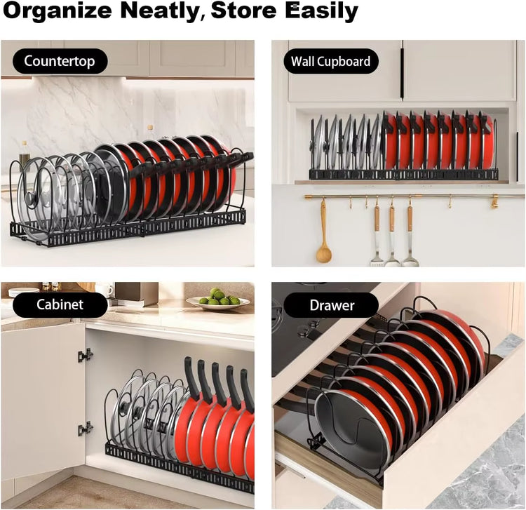 Pot and Pan Organizer Rack for Cabinet Expandable Pot Lid Organizer Holder with 10 Adjustable Dividers
