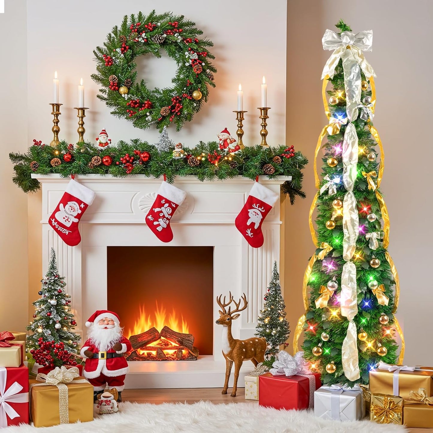 Pop up Christmas Tree Decorations Artificial Collapsible Tree with Lights 8Modes&Timer Predecorated Pencil Tinsel Tree for Home Apartment Office Indoor Outdoor Party Xmas Décor, 3FT, Green